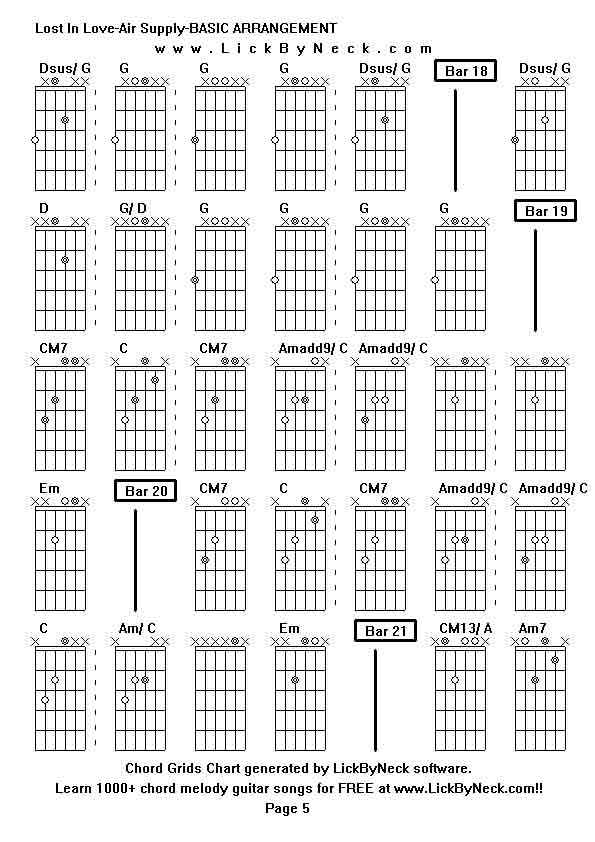 Chord Grids Chart of chord melody fingerstyle guitar song-Lost In Love-Air Supply-BASIC ARRANGEMENT,generated by LickByNeck software.